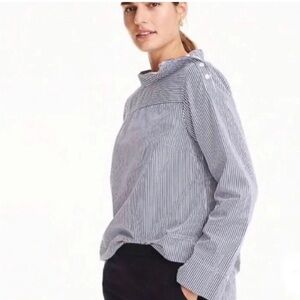 J. Crew | Navy Blue and White Long Sleeve Blouse with Funnel Neck Collar size 6